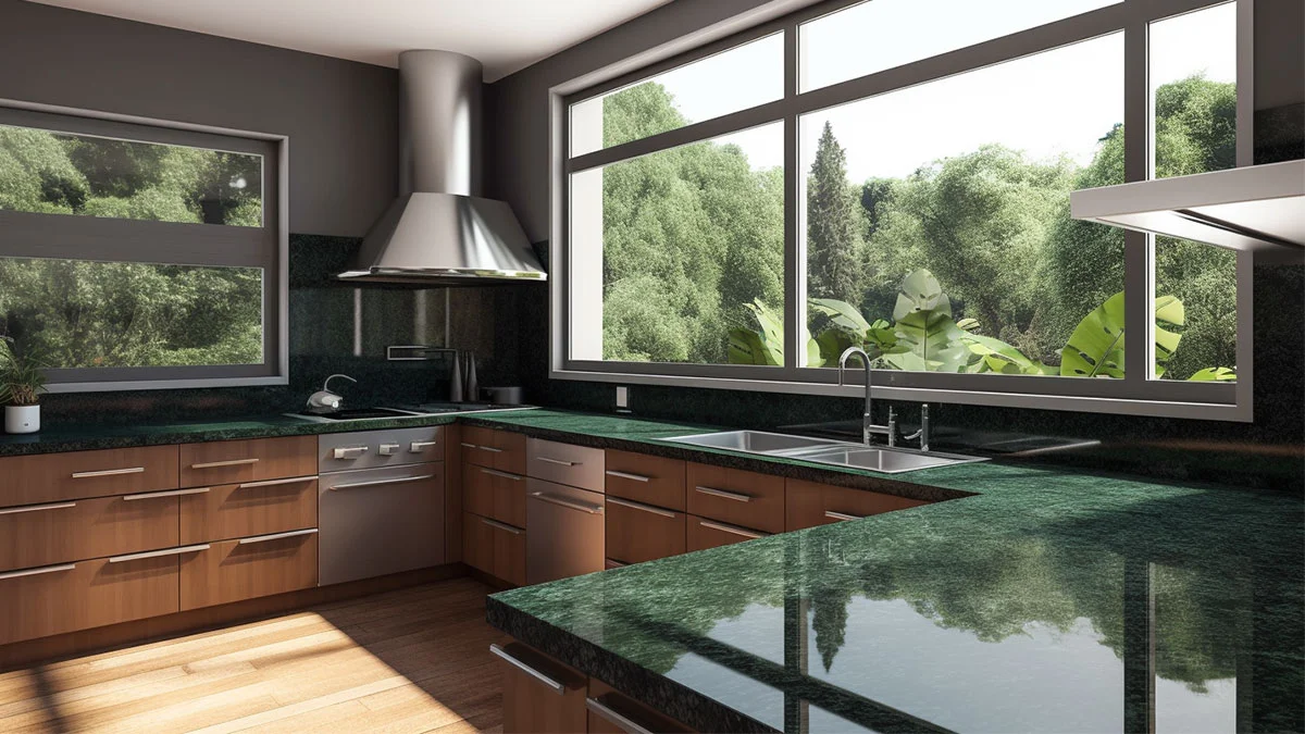 Granito Verde Ubatuba: una Piedra Natural Versátil para el Diseño de Interiores y exteriores. 1 granito verde ubatuba Una cocina moderna con granito verde ubatuba